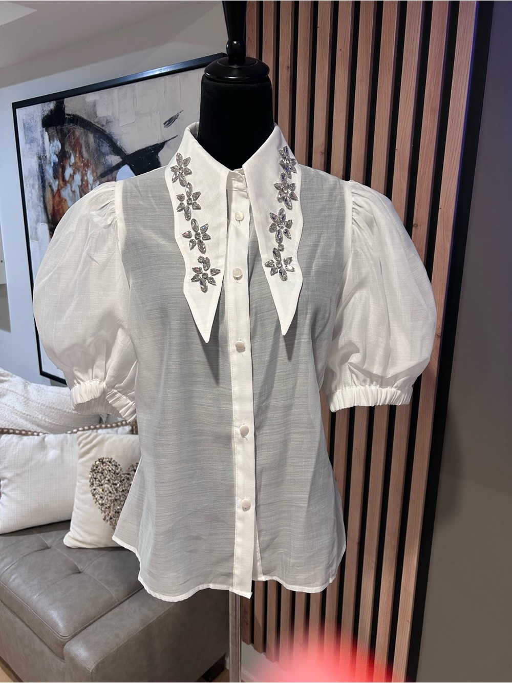 White Embellished Pointed Collar Puff Sleeve Button-Down Blouse